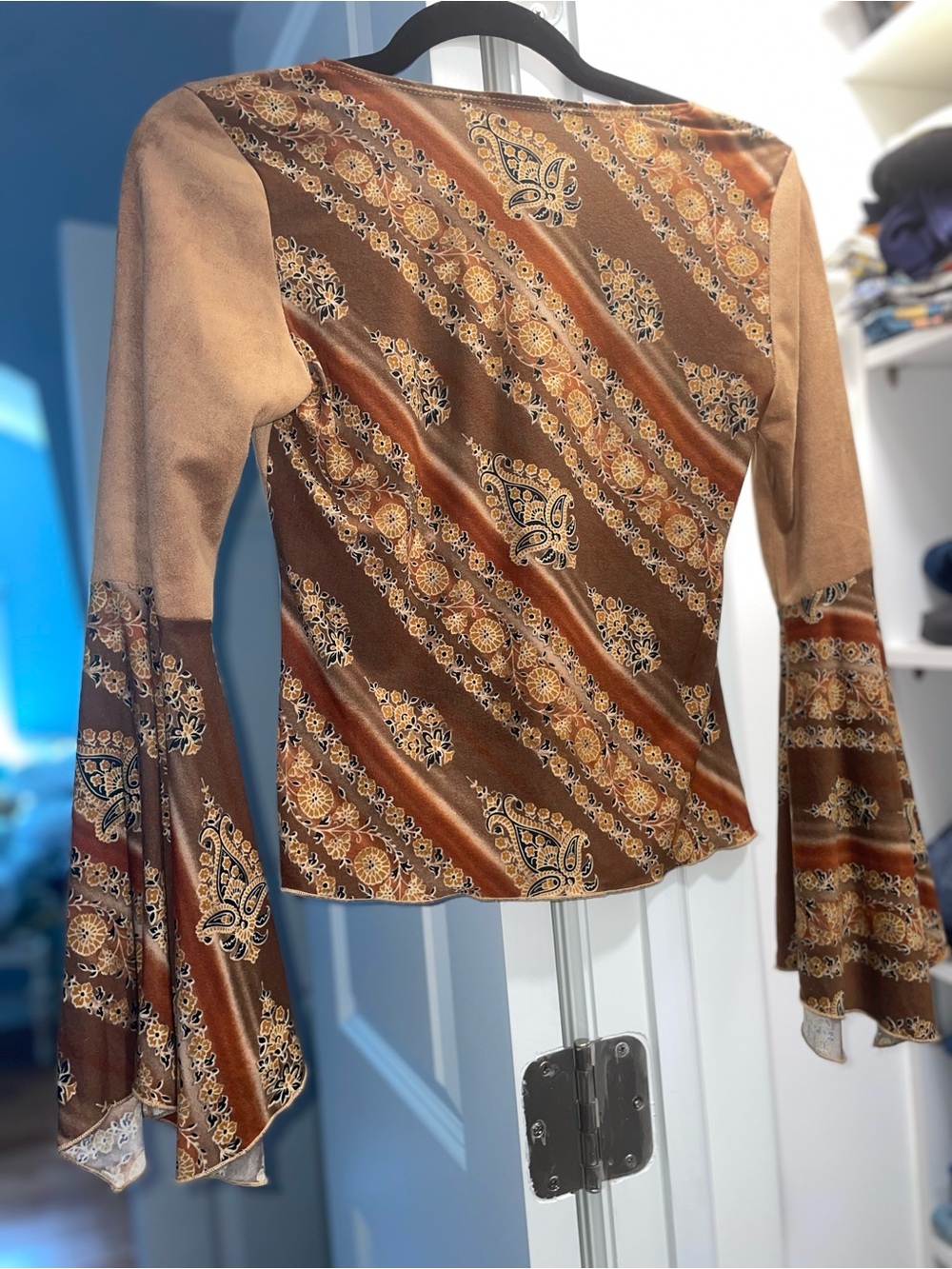Women's vintage Y2K Suede boho fairy Bell Sleeve V-Neck Top with Paisley Accents - Picture 2 of 4